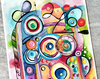 Originele abstracte aquarel: kleurrijke cirkels inktwasillustratie