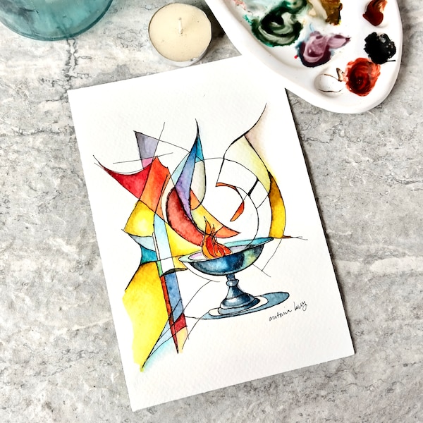 Unitarian Universalist Flaming Chalice Painting, Cubism Mid Century, Not A Print, Hand Painted Original Painting, Watercolor, Ready to ship