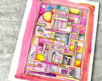 Originele roze abstracte aquarel: illustratie inktwas (8 x 10)