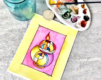 Unitarian Universalist Flaming Chalice Painting, Cubism, Not A Print, Hand Painted Original Painting, Watercolor, Ready to ship