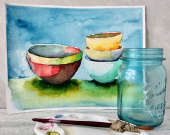 Stacked Bowls,  Watercolor Painting, Not A Print, Hand Painted Original, Ink and Wash Illustration, Intricate, Ready to ship