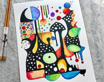 Origineel aquarelschilderij: kleurrijke abstracte inktwaskunst (8 x 11)