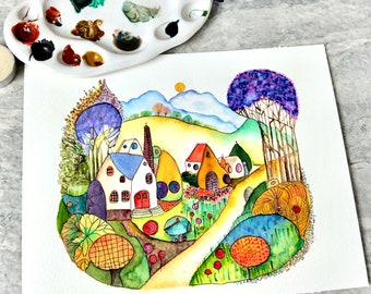 Village Landscape with Round Haybale, Watercolor Painting, Not A Print, Hand Painted Original, Ink and Wash Illustration,  Ready to ship