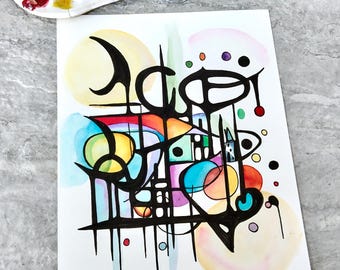 Original Abstract Watercolor Painting: Black Ink Curves, Rainbow Colors