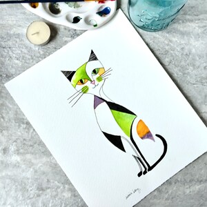 Original Cat Watercolor Painting: Mid-Century Modern Ink Illustration