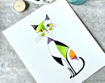 Green Cat, Not A Print, Hand Painted Original, Ink and Wash Illustration, Ready to ship