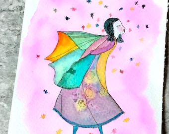 Angry Girl with Stars, Watercolor Painting,  Not A Print, Hand Painted Original, children in costumes charming scene, Ready to ship