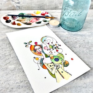 Doodle Woman Watercolor Painting, Not A Print, Hand Painted Original, Ink and Wash Illustration, Ready to ship image 3