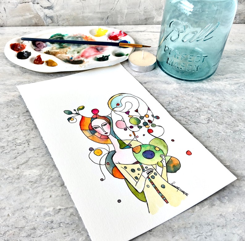 Doodle Woman Watercolor Painting, Not A Print, Hand Painted Original, Ink and Wash Illustration, Ready to ship image 3