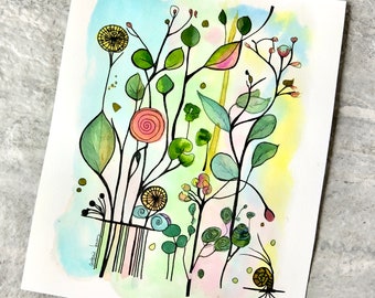 Abstract Landscape, Calming Leaves Watercolor Painting, Not A Print, Hand Painted Original, Ink and Wash Illustration,  Ready to ship