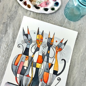 Moderne katten aquarel uit het midden van de eeuw: originele inktillustratie