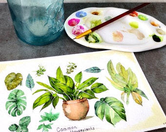 Houseplant Sketchbook Page, Not A Print, Hand Painted Original, Leaves, Plants, Science, Figure study Ready to ship