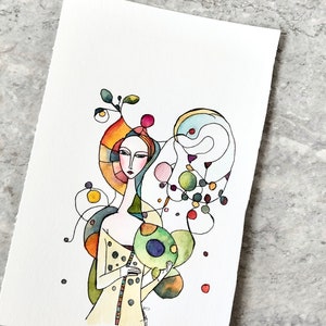 Doodle Woman Watercolor Painting, Not A Print, Hand Painted Original, Ink and Wash Illustration, Ready to ship image 1
