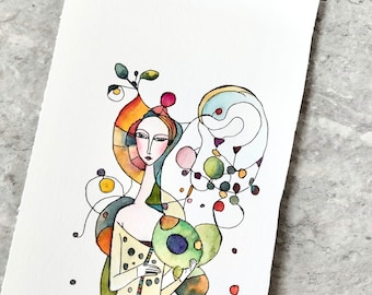 Doodle Woman Watercolor Painting, Not A Print, Hand Painted Original, Ink and Wash Illustration,  Ready to ship