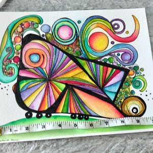 Dipinto ad acquerello astratto, non una stampa, Love Train dipinto a mano originale, illustrazione a inchiostro e lavaggio, intricato, pronto per la spedizione