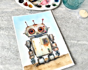 Robot Watercolor Painting, Rusted, Not A Print, Hand Painted Original, Ink and Wash Illustration, Child's Room, Ready to ship