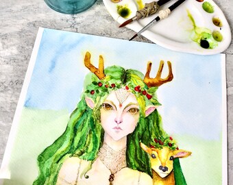 Forest Spirit Faun,  Watercolor Painting, Not A Print, Hand Painted Original, Ink and Wash Illustration, Intricate, Ready to ship