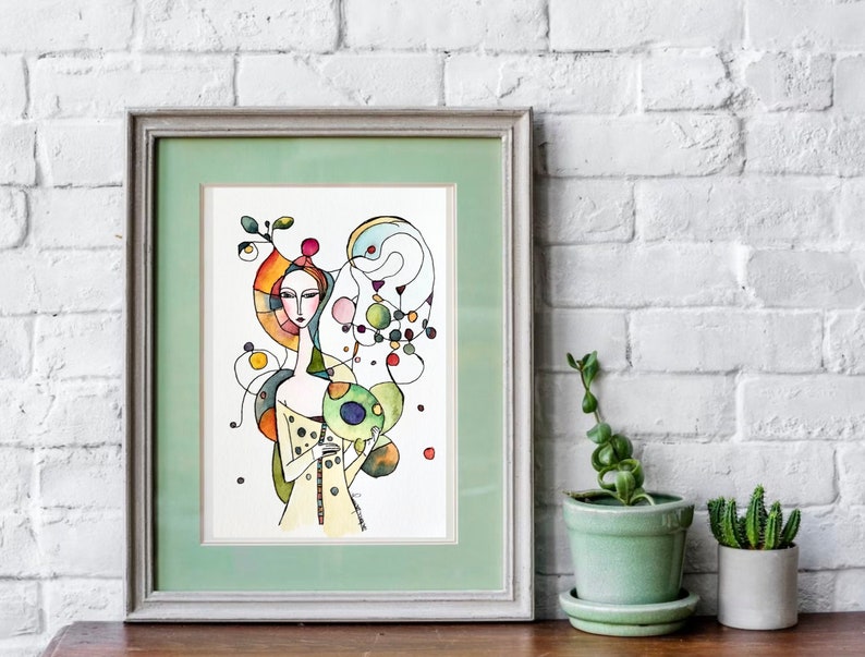 Doodle Woman Watercolor Painting, Not A Print, Hand Painted Original, Ink and Wash Illustration, Ready to ship image 2