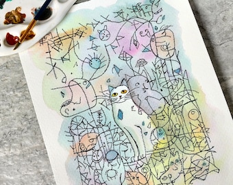 Abstract Cat Line and Watercolor Painting, Not A Print, Hand Painted Original, Ink and Wash Illustration, Intricate, Ready to ship