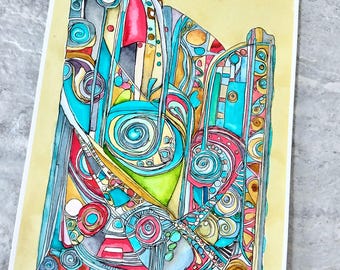 Original Abstract Watercolor Painting: Ink Wash Illustration, Teal Yellow Red