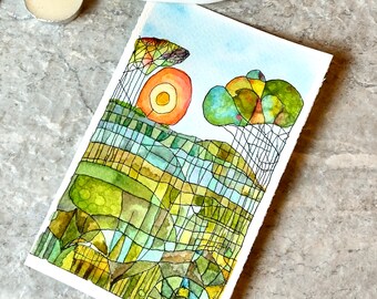 Abstract Landscape,  Line and Watercolor Painting, Not A Print, Hand Painted Original, Ink and Wash Illustration, Intricate, Ready to ship