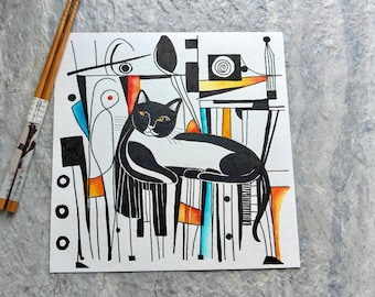 Moderne kattenwaterverfschilderij uit het midden van de eeuw: kubistische pianokunst