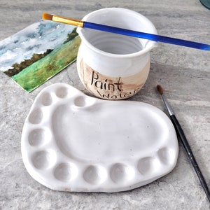 Ceramic Palette Set for Watercolors, Freeform Pottery Palette Paint Brush Rest and Water Cup for Painting, Stoneware, Ready to Ship ,