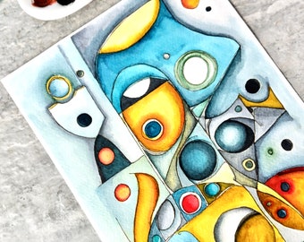 Originele abstracte aquarel: blauwgroen, gele en oranje inktillustratie