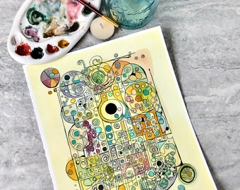 Abstract Watercolor Painting, Squares and Spirals, Not A Print, Hand Painted Original, Ink Wash Illustration, Ready to ship