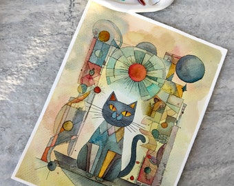 Cosmic Cat, Line and Watercolor Painting, Not A Print, Hand Painted Original, Ink and Wash Illustration, Intricate, Retro, MCM Ready to ship