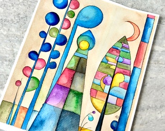 Abstract Watercolor Painting, Not A Print, Hand Painted Original, Ink and Wash Illustration,  Colorful Jeweltones Ready to ship