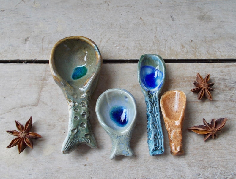 Happy Little Fish Spoon Handmade Stoneware Light Blue Salt Dipper Rustic Pottery Stoneware Sugar Spoon Ready to Ship Pottery Scoop