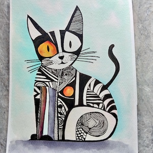 Originele aquarel schilderij Shocked Cat: inktillustratie (8,5 x 10,5)