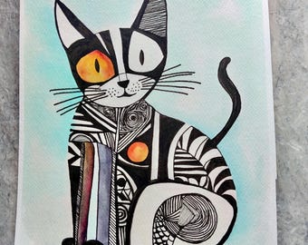 Originele aquarel schilderij Shocked Cat: inktillustratie (8,5 x 10,5)
