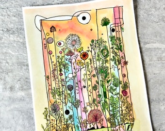 Abstrakte Landschaft, Bunte Blumen Aquarell Malerei, Kein Druck, Handgemaltes Original, Tusche Illustration, Versandfertig