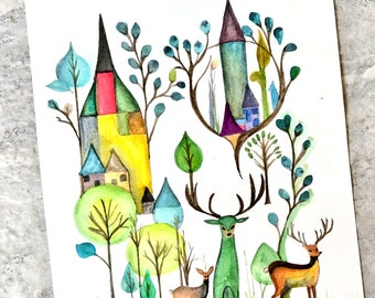 Abstract Landscape, Woodland Deer Watercolor Painting, Not A Print, Hand Painted Original, Ink and Wash Illustration,  Ready to ship