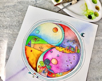 Yin Yang Watercolor Painting,  Not A Print, Hand Painted Original, Bright Medallion, Sun Moon, Rural Urban Balance, Ready to Ship