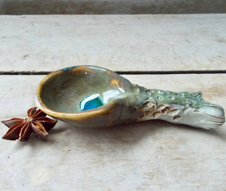 Happy Little Fish Spoon Handmade Stoneware Light Blue Salt Dipper Rustic Pottery Stoneware Sugar Spoon Ready to Ship Pottery Scoop