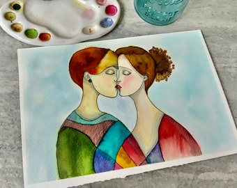 Originele aquarel: "The Kiss" surrealistische abstracte kunst (7,5 x 11 inch)