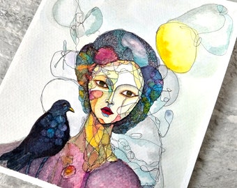 Woman and Crow Watercolor Painting, Not A Print, Hand Painted Original, Ink and Wash Illustration,  Ready to ship