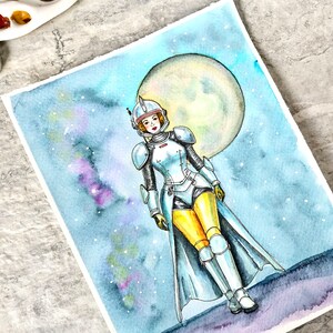 Soldato Spazio Regina Pittura ad acquerello, Non una stampa, Futurismo retrò, Originale dipinto a mano, Illustrazione di inchiostro e lavaggio, Pronto per la spedizione
