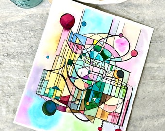 Abstract Watercolor Painting, Not A Print, Circles Angles  Hand Painted Original, Ink and Wash Illustration, Intricate, Ready to ship