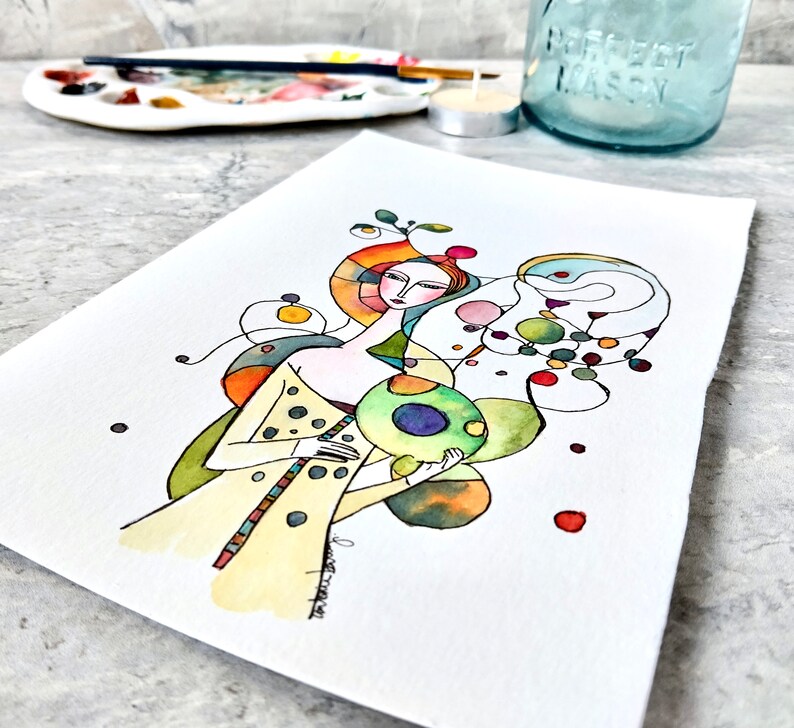 Doodle Woman Watercolor Painting, Not A Print, Hand Painted Original, Ink and Wash Illustration, Ready to ship image 4