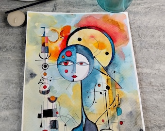 Abstract Woman,  Line and Watercolor Painting, Not A Print, Hand Painted Original, Ink and Wash Illustration, Intricate, Ready to ship
