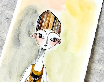 Originele aquarel: doodle persoon met katten, inktillustratie