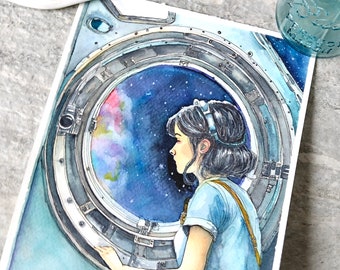 Girl in Space, Original Watercolor Painting, Not a Print, Outer Space , Colorful, Ready to Ship