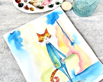 Originele kat aquarel: illustratie met inkt en wassing