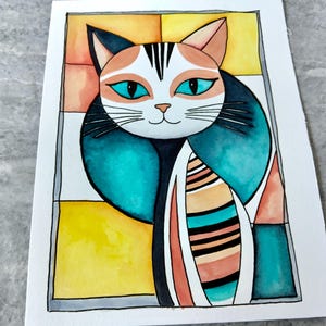 Hand-Painted Cat Watercolor: Mid-Century Modern Ink Illustration