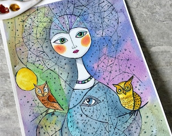 Star Girl with Owls,  Watercolor Painting, Not A Print, Hand Painted Original, Ink and Wash Illustration, Child's Room, Ready to ship