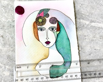 Small Woman Face Watercolor Painting, Not A Print, Modernist Style ,  Hand Painted Original,  Ready to ship